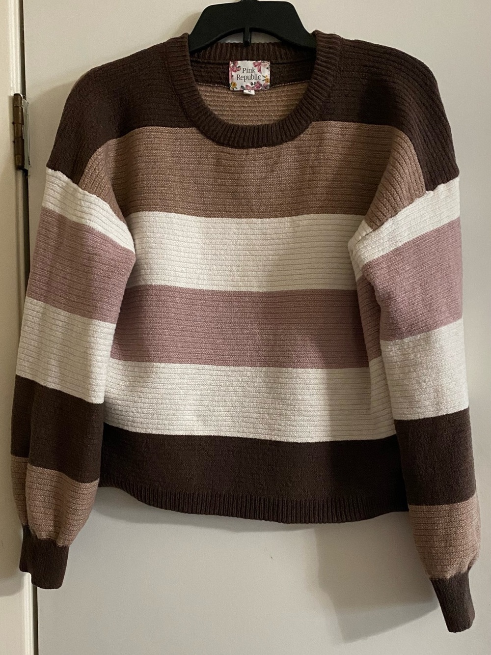 Pink Republic Striped Crewneck Sweater in Brown, Pink & Cream
